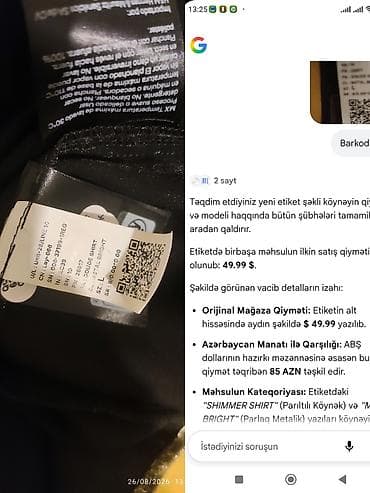 yagis geyimi: Parıltılı metalik qadın köynəyi. Etiket məlumatına əsasən model — 2