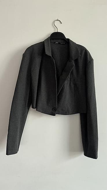 ZARA Qısa kəsimli qadın pencəyi – tünd boz, zərif xətli (nazik şaquli