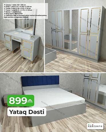 Yataq Dəsti – müasir dizayn, boz-qızılı detal və güzgülü dolablarla — 1