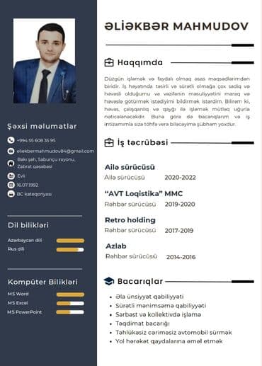 sürücü işi axtaranlar: SV Profile qoyulub və butun melumatlar ordadir. Bildirmek isderdimki — 1