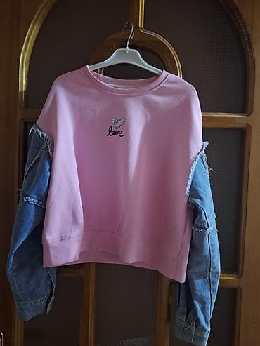 Baş geyimləri: Qızlar üçün casual sweatshirt - Rəng: açıq çəhrayı gövdə, mavi denim — 2