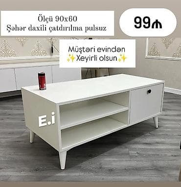 Ev üçün digər mebel: Ağ rəngdə, ölçüsü 90x60 sm olan televizor altlığı. Dolablı hissəsi — 1