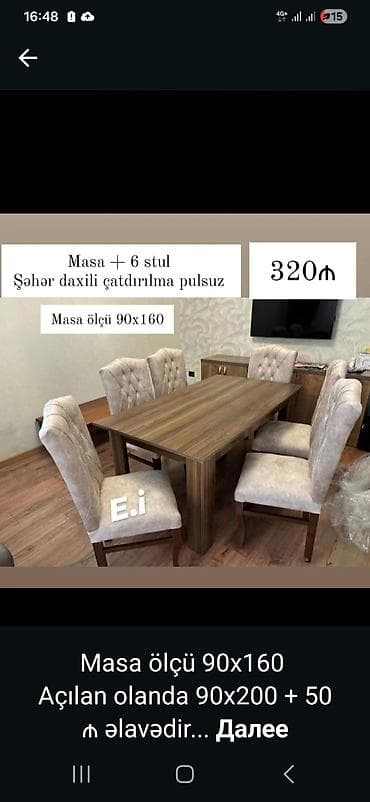 taxta stul: Mebel dəsti: masa + 6 stul Xüsusiyyətlər: - Masa ölçüsü: 90×160 sm - — 1