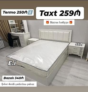 2 el: Ağ rəngdə müasir yataq dəsti: - Taxt: 259₼ - Bazalı variant: 340₼ - — 1