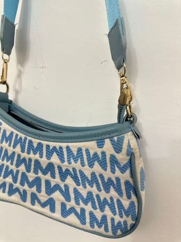 tək qaş: Mavi-ağ çiyin çantası - Dizayn: Krem rəngli parça üzərində — 3