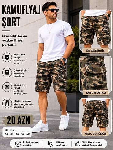kamuflaj: Məhsul: Kamuflyaj şort • Material: nəfəs alan, yüngül və rahat parça — 1
