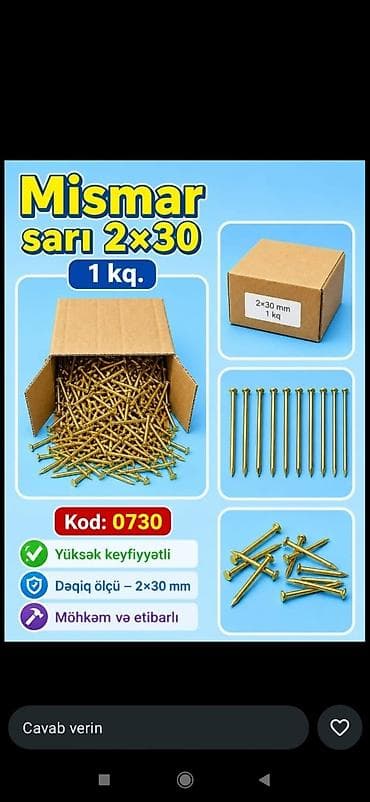 Məhsul: Mismar, sarı 2×30 mm Qablaşdırma: 1 kq-lıq qutu Kod: 0730