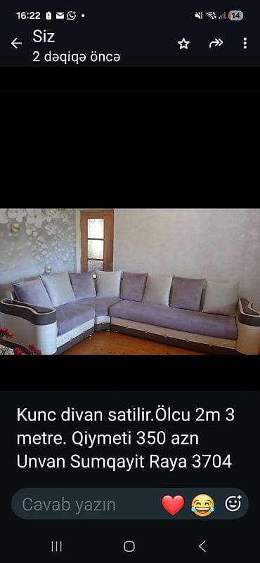 Künc divan - Ölçü: 2 m x 3 m - Rəng: bənövşəyi və açıq krem