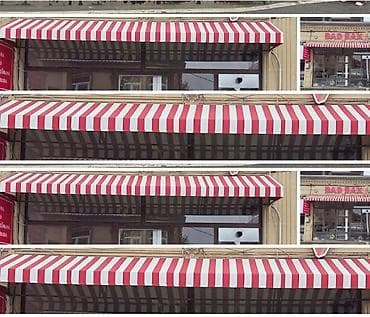 alçıpan ustaları: Qırmızı-ağ zolaqlı vitrin tenti - Ölçülər: uzunluq 4,40 m, en 0,80 m — 3