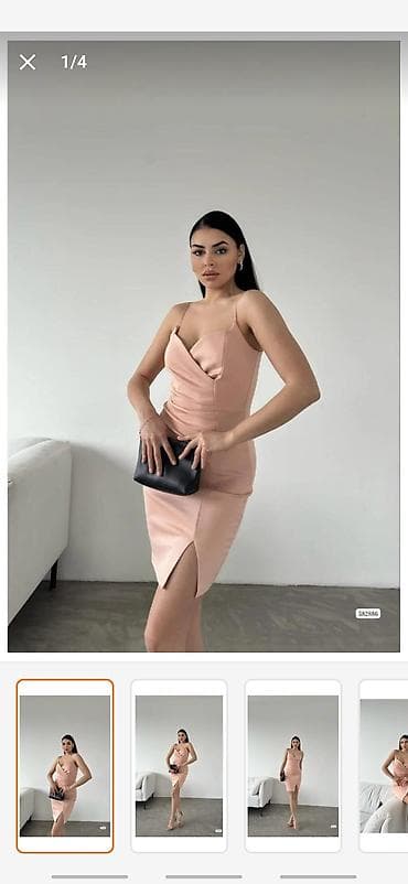 dəri kəmər: Zərif qadın kokteyl donu – açıq şaftalı rəngdə, bədənə oturan siluet — 2