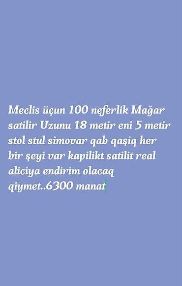 icarəsi: 100 nəfərlik tədbirlər üçün mağar satılır. Uzunluğu 18 metr, eni 5 — 1
