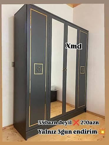 gen: Qarderob şkafı – 4 qapılı, güzgülü model - Rəng: tünd boz (qızılı — 1