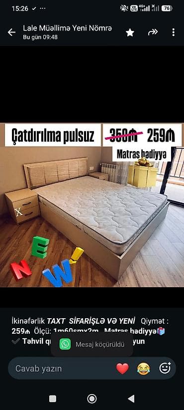 taxt satilir: İkinəfərlik _*TAXT*_ _*SİFARİŞLƏ VƏ YENİ*_ Qiymət : *259₼* Ölçü — 1