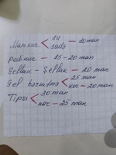 Dırnaq xidmətləri - Manikür: • Su manikürü – 10 AZN • Sadə