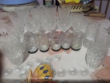 sam agaclari satisi: Kənaşlı naxışlı şüşə qədəh və stəkan dəsti - Şəffaf, kəsim (oyma) — 1