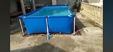 Metal karkaslı, yerüstü hovuz - Forma: düzbucaqlı, mavi rəng -