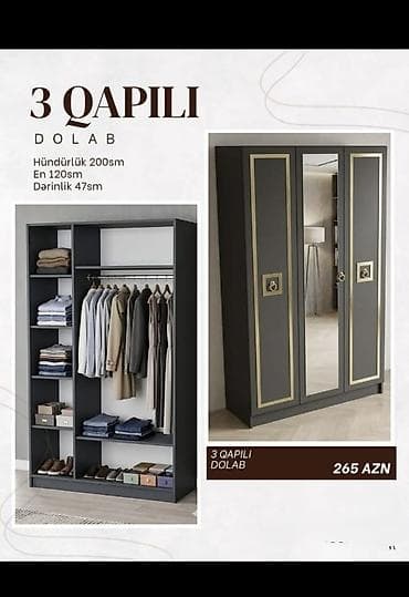 Dolablar: 3 qapılı dolab Ölçüləri: - Hündürlük: 200 sm - En: 120 sm - Dərinlik — 1