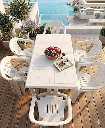 lokbatanda satilan heyet evleri: Новый, Прямоугольный стол, 6 стульев, Раскладной, Со стульями, Пластик — 4