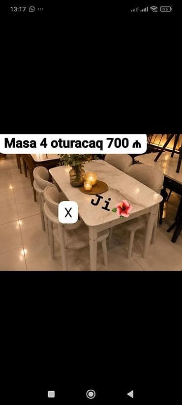 stol sekilleri: Masa və 4 ədəd oturacaq dəsti. - Üst hissə mərmər naxışlı, yumru — 1