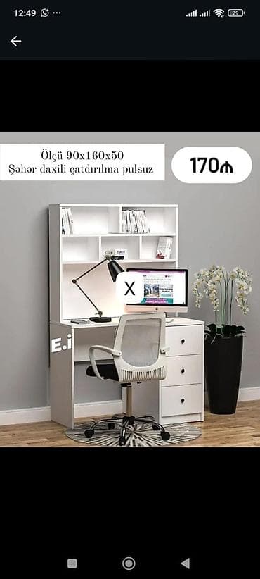 Mebel: Masa ilə üst dolablı iş/oxu küncü Ölçü: 90×160×50 sm Rəng: ağ — 1