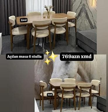 Açılan yemək masası dəsti – 6 stul ilə - Masanın üstü təbii ağac