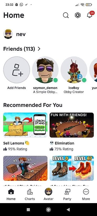 Roblox mobil tətbiqi – Home ekranı - Hesab profili və dostlar