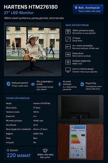 Oyun monitoru HARTENS 180 HZ cəmisi 1 həftə işlənib whatsapp +994 — 1