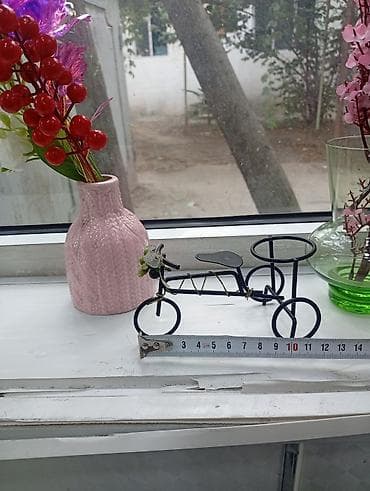 Vazalar: Dekorativ set: 3 ədəd - Şüşə yaşıl vaza + çəhrayı süni çiçək budağı - — 7