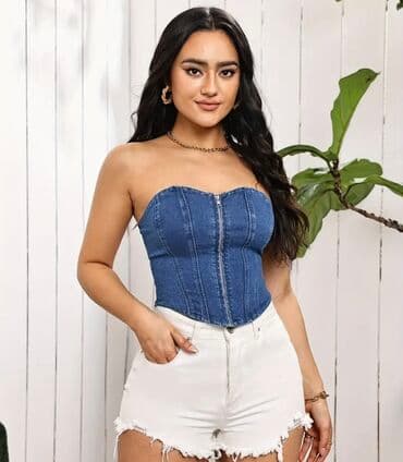 женские футболки и майки в полоску: Mavi rəngdə, büstiyer üslubunda, qabaqdan zəncirbəndli, cins — 2