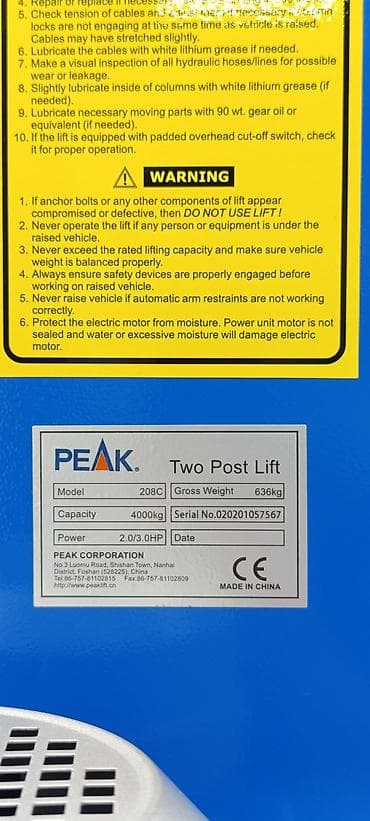 PEAK Two Post Lift – 208C model - Tip: İki stendli (two-post) — 3