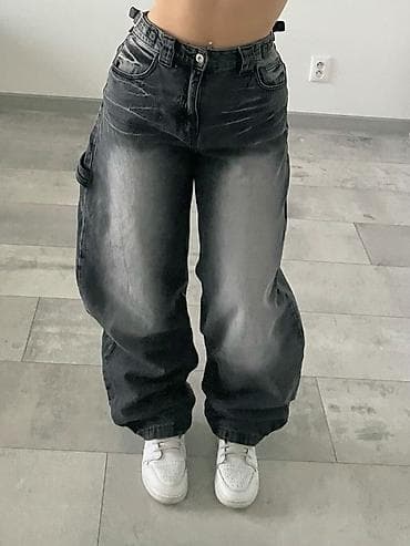 cins: Geniş kəsimli qadın şalvarı – tünd qara/boz “washed” effektli — 1