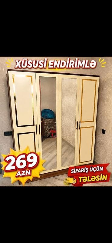 Dördkapılı geyim şkafı - Rəng: krem tonlarında, qızılı haşiyələr - Ön