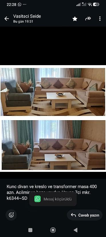 Kunc divan ve kreslo ve transformer masa 400 azn. Acilmir ve baza