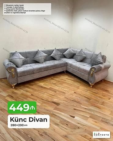 Künc divan – 280×200 sm - Mexanizm: açılan, bazalı (yataq funksiyası