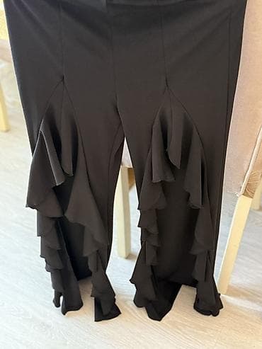 şalvarlar: Qara rəngli qadın şalvarı – volanlı dizayn - Model: geniş — 1