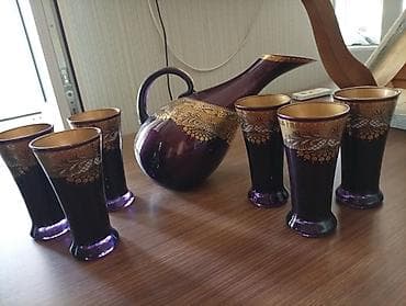 Bənövşəyi şüşədən hazırlanmış elegant sürahi və stəkan dəsti - Dəst