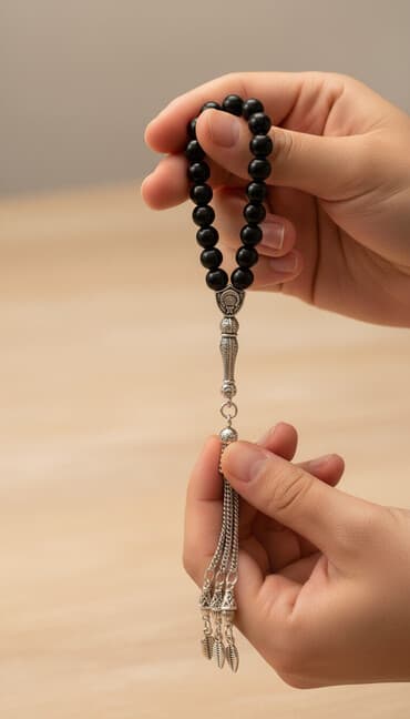 kehraba tesbeh: Məhsul: Təsbeh - Material: Parlaq qara əqiq orginal natural təbii — 1