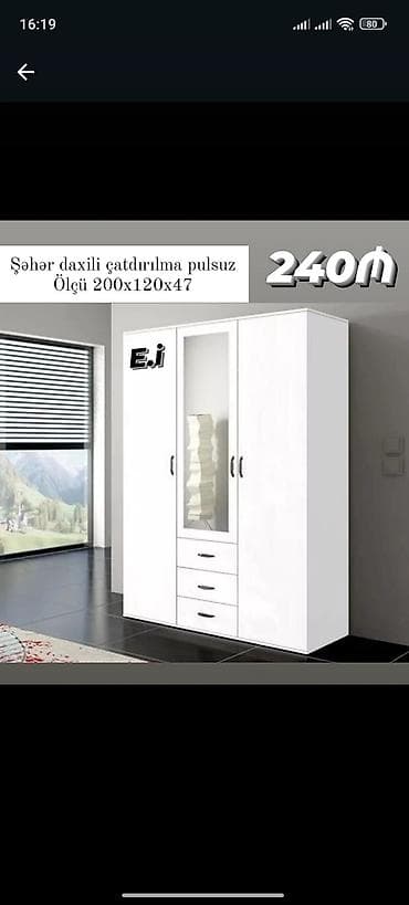 Ağ rəngli 3 qapılı paltar dolabı - Ölçü: 200 x 120 x 47 sm - Orta