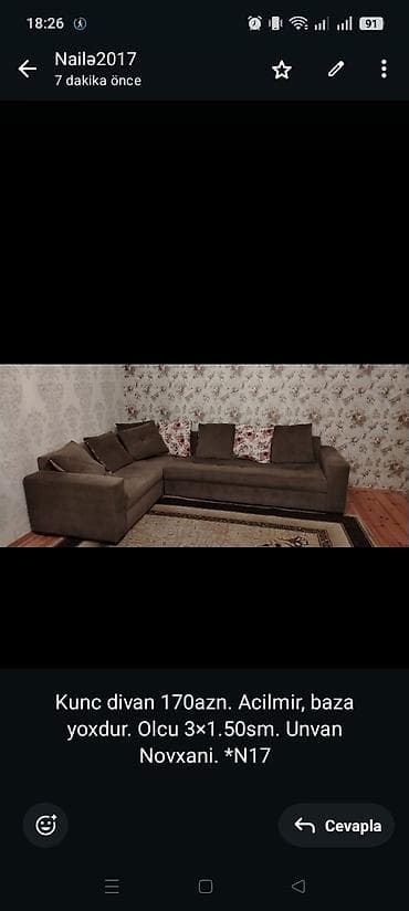 Kunc divan 170azn. Acilmir, baza yoxdur. Olcu 3×1.50sm. Unvan Novxani — 1