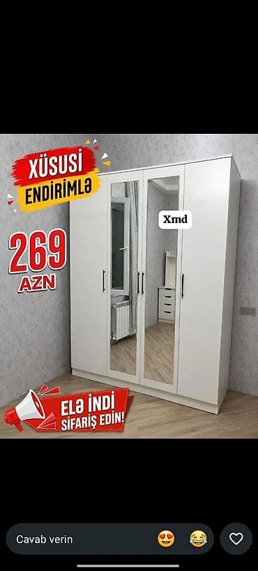 dehliz dolabl: Ağ rəngli üç qapılı paltar şkafı – ön hissədə iki tam ölçülü güzgü — 1