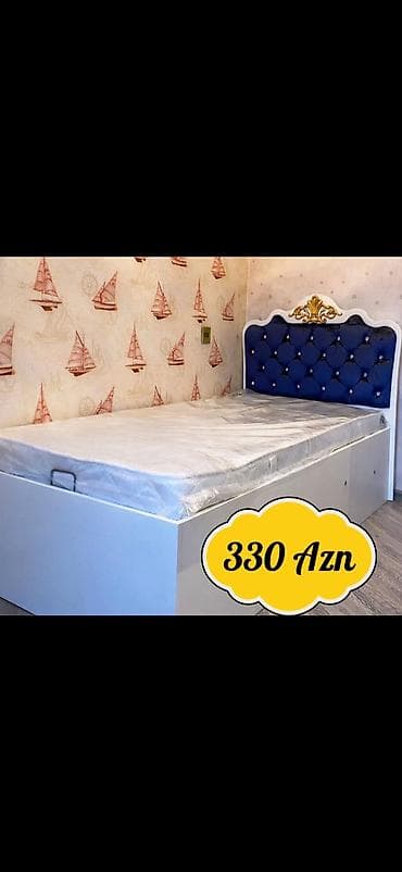 Tək nəfərlik çarpayı – 330 AZN - Rəng: ağ korpus, mavi tufted başlıq