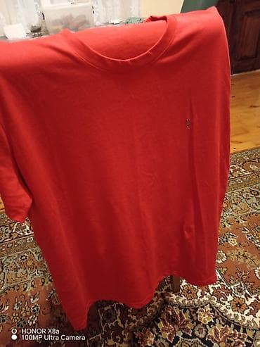 kişi şalvarları: Qırmızı kişi köynəyi (T‑shirt) - Klassik dairəvi yaxalı dizayn - — 1