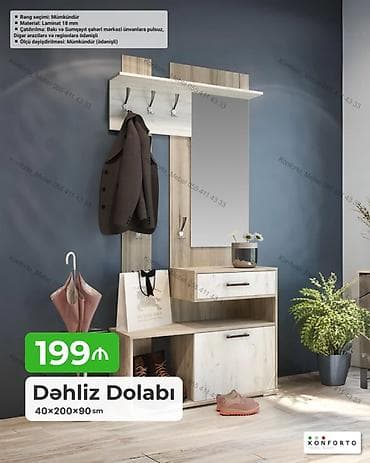oturaca: Dəhliz Dolabı – 40×200×90 sm • Rəng seçimi: mümkündür • Material — 1