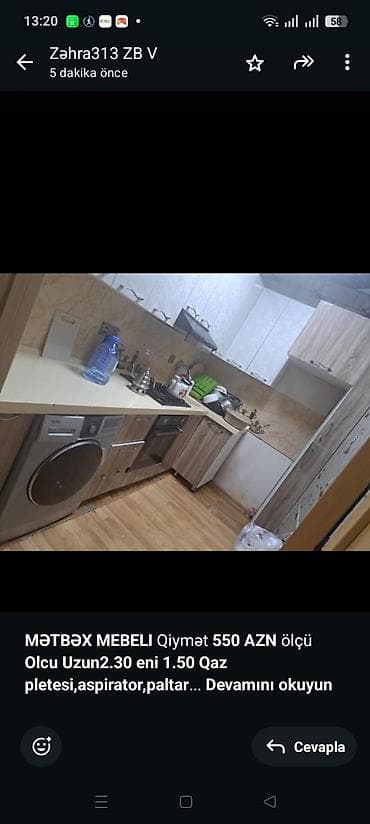 kukna mebeli: *MƏTBƏX MEBELI* Qiymət *550 AZN* ölçü *Olcu Uzun2.30 eni 1.50* *Qaz — 1