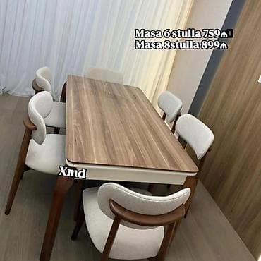 - Yemək masası dəsti: 6 və ya 8 stullu variant - Masa: düzbucaqlı