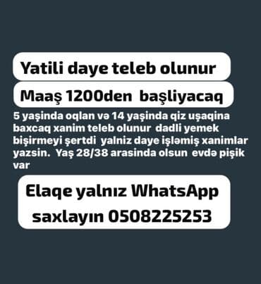 xadimə vakansiya 2025: Dayə tələb olunur, 30-45 yaş, 3-5 illik təcrübə, 6/1 — 1
