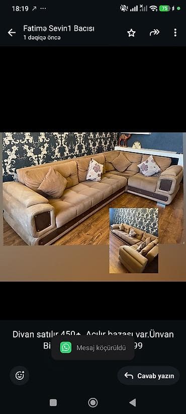 divan satisi: Divan satılır 450₼. Açılır bazası var.Ünvan Binəqədi. 6070. Fatimə99 — 1
