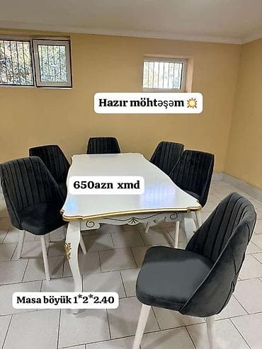 salon stullari: - Yemək otağı üçün hazır dəst - Dəst: 1 ədəd masa + 6 ədəd stul - Masa — 1