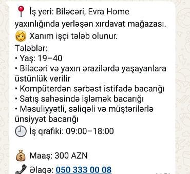 Satış məsləhətçisi tələb olunur, Yalnız qadınlar üçün, Aylıq ödəniş