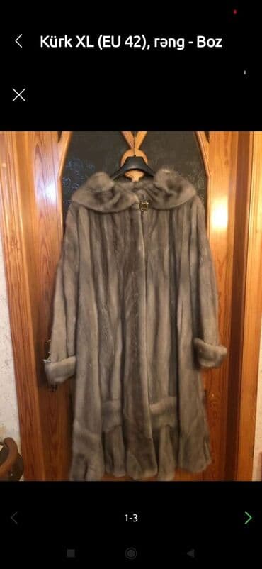 Kürk – XL (EU 42), rəng: boz - Uzun, A-kəsimli model - Qalın, yumşaq